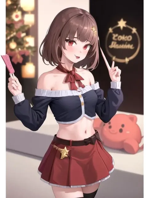 best quality, (masterpiece),(ultra-detailed), (high quality), (high resolution), <lora:starvt:0.7>,1girl, :p, bangs, bare shoulders, blush, brown hair, holding, lineart, long sleeves, looking at viewer, midriff, navel, off-shoulder shirt, red eyes, red ribbon, shirt, short hair, skirt, socks, solo, star (symbol), star hair ornament, starvt, stuffed toy, tongue