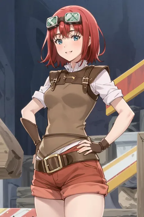 ((masterpiece,best quality)), absurdres,
<lora:ShopGirl_VRMMO_Katsudouki_Anime:0.8>, ShopGirl_VRMMO_Katsudouki, shorts, red shorts, shirt, short sleeves,
blushing, hands on hips, contrapposto,
solo, smiling, looking at viewer, cowboy shot, ,
cinematic composition,