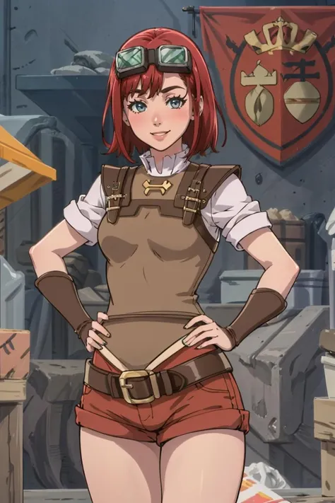 ((masterpiece,best quality)), absurdres,
<lora:ShopGirl_VRMMO_Katsudouki_Anime:0.8>, ShopGirl_VRMMO_Katsudouki, shorts, red shorts, shirt, short sleeves,
blushing, contrapposto, hands on hips,
solo, smiling, looking at viewer, cowboy shot,
cinematic composition, dynamic pose
