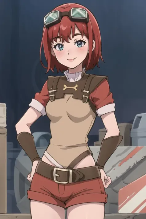 ((masterpiece,best quality)), absurdres,
<lora:ShopGirl_VRMMO_Katsudouki_Anime:0.8>, ShopGirl_VRMMO_Katsudouki, shorts, red shorts, shirt, short sleeves, 
blushing, hands on hips, contrapposto, 
solo, smiling, looking at viewer, cowboy shot, , 
cinematic composition,