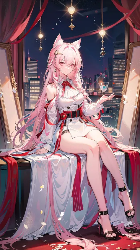 1girl, pink hair, solo, breasts, animal ears, long hair, wolf ears, (white shirt:1.2), pink eyes, hair ornament, wolf girl, very long hair, braid, medium breasts, extra ears, (sitting.1.2), (indoors:1.2), hair between eyes, animal ear fluff  <lora:PozmkaV1.0:0.6>,pozmka&typewriter, full body,