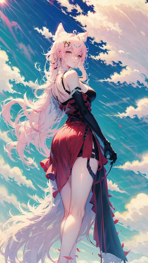 1girl, pink hair, solo, breasts, animal ears, long hair, red skirt, wolf ears, gloves, skirt, pink eyes, black gloves, hair ornament, blue sky, wolf girl, cleavage, thigh strap, black bra, bra, very long hair, bare shoulders, underwear, high-waist skirt, braid, pelvic curtain, medium breasts, thighs, extra ears, standing, ( blue sky, clouds:1.5), hair between eyes, animal ear fluff  <lora:PozmkaV1.0:0.8>,pozmka&typewriter, full body, (looking back:1.5),