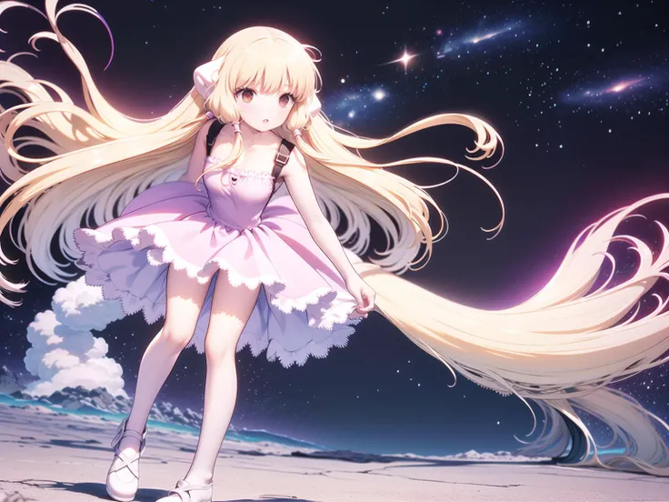 (white background:1.2), <lora:Chii_loha_V1:1> 1girl, solo, pink dress, flying in space, outer space, floating star shapes, gradient nebula, night sky, cloud, shooting star, galaxy, side view, looking away, air bubble, cold look, flying hair, full body, frills, (pink and white robot ears:1.2),pink and white hair tubes, long hair, blonde hair, brown eyes, <lora:Scenery_loha_lr2e-5_epoch5_repeat1_noreg:1> <lora:animixAnimeScreenshotLikeStyleMixLora_v10:0.3>,
(colorful), solo, ((masterpiece)), (best quality:1.2),(very fine 8K CG wallpaper1.2),colorful,(ultra-detailed:1.2),(illustration:1.2),(Cinematic Lighting),