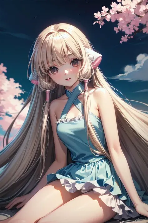 (masterpiece:1.2), (ultra quality:1.2), (depth ffield, bokeh, UHD, HDR, highres, ultra detailed, intricate details, textural effects, absurdres, 8k:1.2), (sharp face, large eyes large pupil, sharp eyelid, eyeliner, eyelashes, thick eyelashes, long eyelashes, extremely detailed eyes and face), (curvaceous figure), (shiny skin, shiny body, pearl skin), (perfect anatomy), <lyco:epi_noiseoffset2:1.0>, 

<lyco:ちぃ:1.0>, chii, blue dress, frills, bare shoulders, blonde hair, long hair, brown eyes, smile, pink and white robot ears, pink and white hair tubes, upper body, ambient occlusion, 1girl, looking at viewer, happy smile, sitting, background, city, escape, night sky, stars, cloud, shooting star, (colorful),