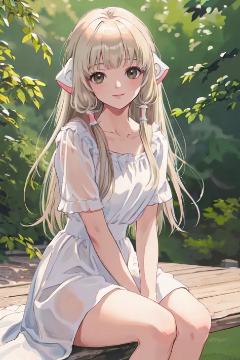 (best quality, masterpiece, RAW photo,ultra-detailed:1.2), <lyco:GoodHands-beta2:1.0>,1girl,solo,looking at viewer,slight smile,
 <lyco:Chii_loha_V1:0.9>Chii, white dress, sitting,