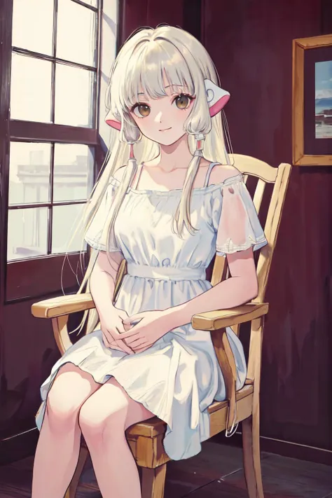 (best quality, masterpiece, RAW photo,ultra-detailed:1.2), <lyco:GoodHands-beta2:1.0>,1girl,solo,looking at viewer,slight smile,
 <lyco:Chii_loha_V1:0.85>Chii, white dress, sitting, chair, indoor,
symmetry,Symmetrical composition,