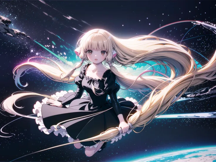 (white background:1.2), <lora:Chii_loha_V1:1> 1girl, solo, black dress, flying in air, outer space, floating star shapes, gradient nebula, night sky, cloud, shooting star, galaxy, side view, looking away, air bubble, cold look, flying hair, full body, frills, pink and white robot ears,pink and white hair tubes, long hair, blonde hair, brown eyes, <lora:Scenery_loha_lr2e-5_epoch5_repeat1_noreg:1> <lora:animixAnimeScreenshotLikeStyleMixLora_v10:0.3>,
(colorful), solo, ((masterpiece)), (best quality:1.2),(very fine 8K CG wallpaper1.2),colorful,(ultra-detailed:1.2),(illustration:1.2),(Cinematic Lighting),