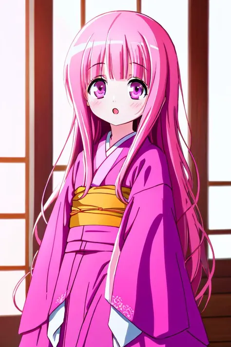 masterpiece, best quality, absurdres, ultra-detailed, indoors, <lyco:ro_kyu_bu_v4-000090:0.7>, hakamada hinata, smile, :o, long hair, pink kimono