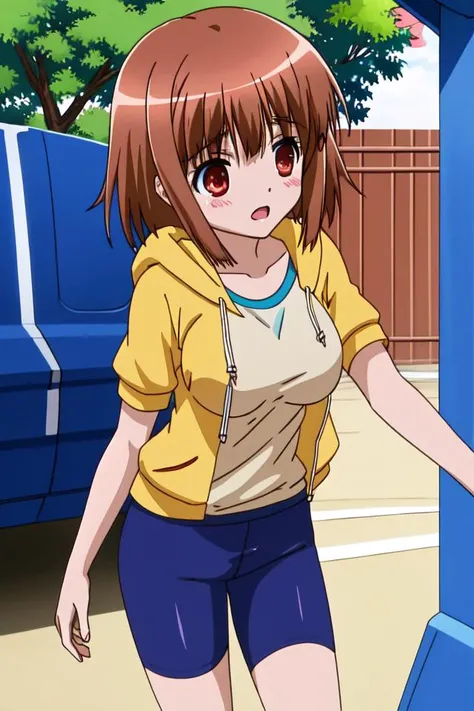 masterpiece, best quality, absurdres, ultra-detailed, outdoors, <lyco:ro_kyu_bu_v4-000090:0.7>, kashii airi, 1girl, solo, blush, short hair, open mouth, large breasts, hoodie, bike shorts