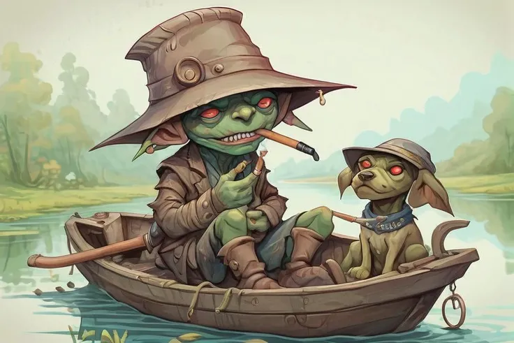 cartoon style image of a cute old path_goblin fisherman, big eyes, wearing a high hat, smoking on a pipe, fishing on a ragged boat on a calm lake, with a big dog on his side, intricate detailed, fantasy, flat colors, watercolor, <lora:Path_goblin:1>