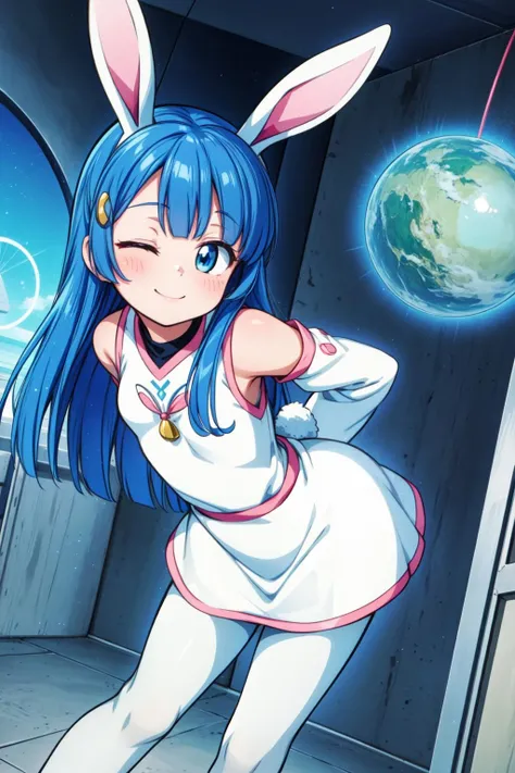 masterpiece,best quality,1girl,luna tsukino \(doraemon\),blue hair,teal eyes,long hair,hime cut bangs,small orb-looking hairclip on the right side,rabbit ears,white dress with red-pink designs,full sleeves,leggings,smile,one eye closed,((bent over)),arms behind back,indoors,(science fiction),cowboy shot,(dutch angle),<lora:Luna(Doraemon):0.6>,<lora:Concept-control tool-add_detail-CyberAIchemist:0.8>,