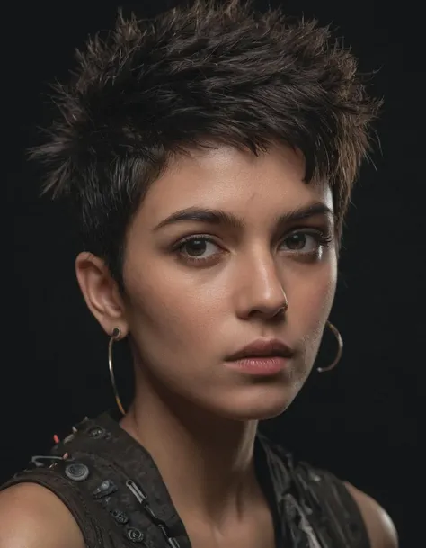 Establishing Shot. A front pose, RAW photo, portrait, of an Indian Model, Studio Photography. A photo of No-one12 a woman dressed as cyberpunk woman,Dark brown eyes, Powerful, Charismatic, Analog Photography, Underexposed, Ambient Lighting, Vivid Vibrant Colours, prismatic iridescent colours, chiaroscuro, hard light, magazine cover. Canon R5. HDR10. ({hairstyle spiky|hairstyle pixie brunette|hairstyle tapered pixie brunette bangs}:1.3)