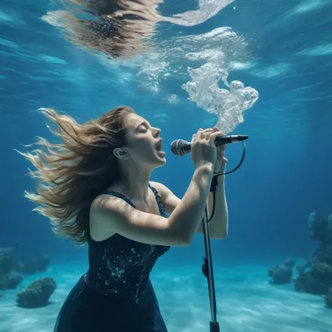 an aesthetically-pleasing underwater photo representing a singer's impassioned performance, atmospheric, charged, soul-baring, 8k uhd, ultra-sharp focus, , Marine life, marine environment, clear water, aquatic