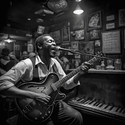 Thrilling action shot evoking feelings of a blues musician passionately plays their instrument on stage in a seedy downtown bar, pouring their soul into the music. The expression on the musician's face and the posture they hold convey deep emotion and dedication to their art. The bar's surroundings and customers reflect its downtown character, with smoky atmosphere, worn-out furniture, dim lighting. The focus is on the musician, highlighting the intense connection between the artist and their music, as if the soul of the musician is visibly intertwining with the notes being played., dynamic movement, peak moment of action, intensity, energy, international award-winning quality