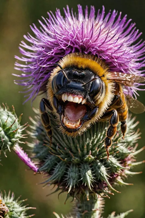 (Masterpiece, best quality, professional photo, detailed, film grain:1.2), (thistle, (bee with big grim, (smile:1.2), many teeth)), shimmering, complex scene, dramatic lighting, 8k, detailed, hyper realistic, (shadowplay, naturalistic lighting, specular reflections), in godlike style