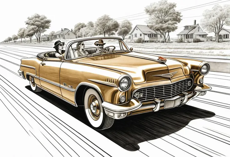 ink line art drawing of couple in classic convertible american car, driving fast on a road, sweeping lines, steampunk vibes, brushed metallic gold car. ink line art style, realistic, pencil sketch, dutch angle
