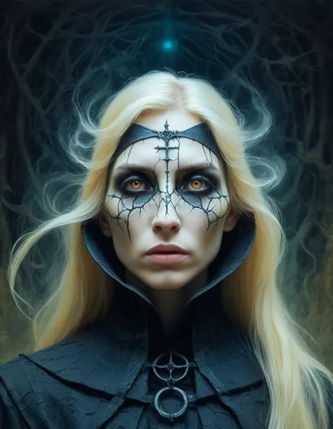 ((best quality: 1.5)) ((masterpiece)), intricate details, sharp focus, professional, real life, realistic representation of the face, dynamic pose, in the style of realistic and hyper detailed renderings BREAK ((detailed (((terrifying old swamp hag, blackout eye makeup:1.4, tattoo:1.4), maroon gold robe cloak, heavy velvet dress)), [black hair:purple hair:0.8], messy frizzy hair, [flat chest:medium breasts:0.8], night, dim lighting, firelight, looking away, black lipstick, professional lighting, photon mapping, radiosity, physically based rendering, ultra resolution, hyper-realistic)), photorealistic, hyper-realistic, 8K
