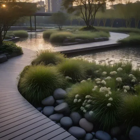 <lora:JJsEcology_Park_XL:1> , ((Ecology Park)),masterpiece , best quality, Landscape, scenery, outdoors, building, tree, sky, real world location, grass, bush, flower, city, water, lawn, sidewalk, ivy, bench,sakura, dawn, rain,pond,day, column, beam, RAW photo, subject, 8k uhd, dslr, soft lighting, high quality, film grain, Fujifilm XT3, aquatic plants, wood hand rail, soil, wild grass,  river, rock,pebble, dramatic lighting,