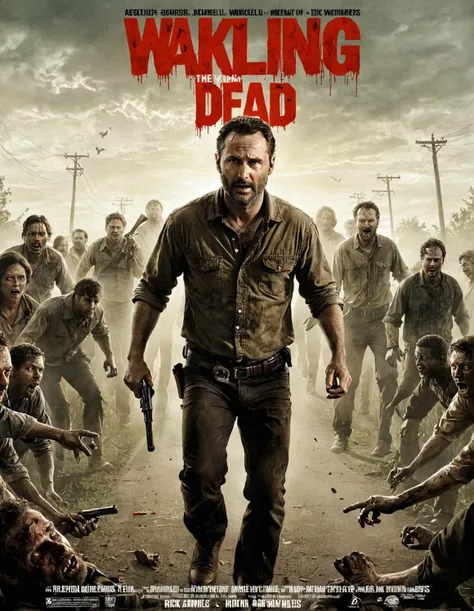 <lora:cinexart:0.8> cinexart, movie poster, cinexart (title "the wakling dead") A man, Rick Grimes, chased by a bunch of zombies,