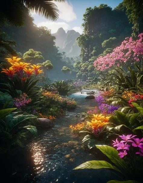 unreal engine 5 render, jungle, river, flowers, extremely detailed, colorful