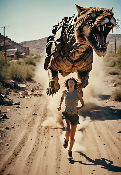 cinematic photo analog film photo ((best best quality)), ((masterpiece)), ((realistic)), (detailed), action sequence woman running in postapocalyptic setup chased by giant (cyborg) Monster cat, drooling, saliva trail, screeming, scared, fear, film grain, lightshaft, highly detailed skin, blush, (masterpiece), absurdres, HDR , . faded film, desaturated, 35mm photo, grainy, vignette, vintage, Kodachrome, Lomography, stained, highly detailed, found footage . 35mm photograph, film, bokeh, professional, 4k, highly detailed