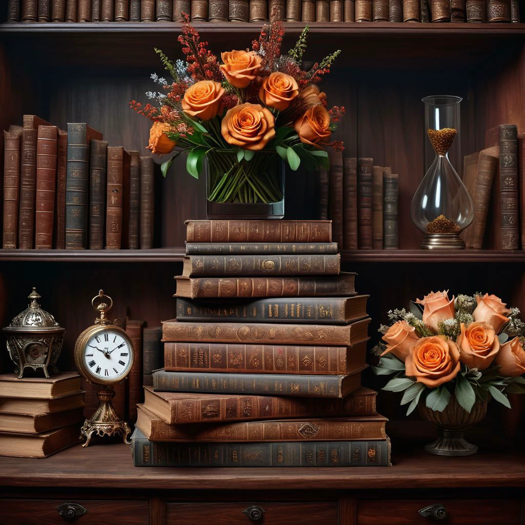 Ultra realistic full body color pencil drawn portrait of  
a stack of hardcover antique books with an hour-glass on top of the books, which is half done. Also a bouquet of dried flowers next to the books..
BREAK
Deep dark intense mahogany misty  background,
Dark theme, dynamic lighting, (soft shadows), (soft focus),  (photo realistic), uhd, 8k