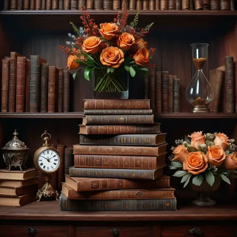 Ultra realistic full body color pencil drawn portrait of  
a stack of hardcover antique books with an hour-glass on top of the books, which is half done. Also a bouquet of dried flowers next to the books..
BREAK
Deep dark intense mahogany misty  background,
Dark theme, dynamic lighting, (soft shadows), (soft focus),  (photo realistic), uhd, 8k