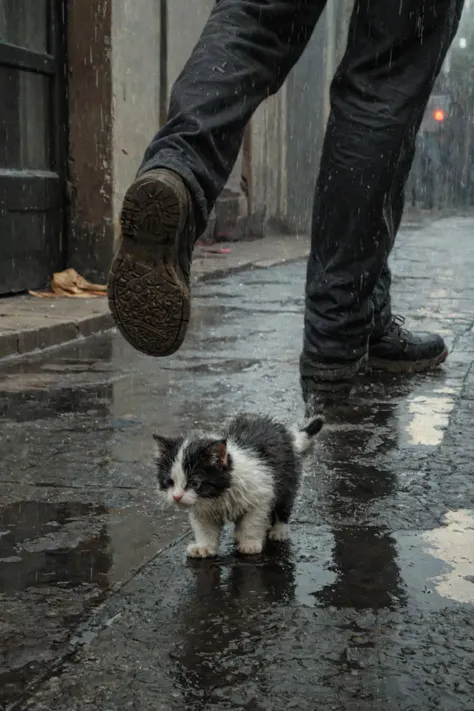 a black and white homeless little kitten, sad, (dirty on fur:1.4), (disheveled fluffy fur:1.3), walking down the street, (paving slabs:0.5), (simple background:1.4), man legs, sole of the shoe, running ago, rain,
(in the style of an Jeremy Mann:1.4), ivan aivazovsky, dark shot, (warm light reflection:0.1), disco elysium, digital artwork,
<lora:DiscoDeliriumXL-v1.2:0.5> ,best quality, high resolution, extreme detail, outstanding composition, masterpiece,