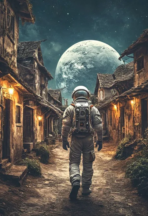photo of astronaut walking in a old village in the background