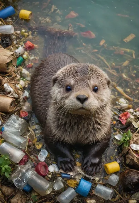amazing quality, masterpiece, best quality, hyper detailed, ultra detailed, UHD, perfect anatomy, portrait, dof, hyper-realism, majestic, awesome, inspiring, Captured in the midst of a serene swim, this adorable fluffy otter basks in the tranquility of its natural habitat midst colorful trash. However, a stark reality unfolds as the river it calls home is marred by pollution, trash and debris. This poignant image serves as a stark reminder of the urgent need to protect our waterways and preserve the delicate ecosystems they support. #WildlifeInCrisis #ProtectOurRivers, cinematic composition, soft shadows, national geographic style