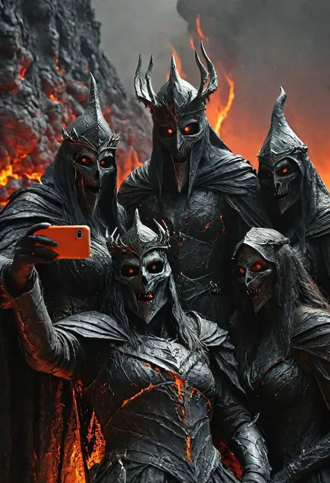 Lord of the Rings' Witch-king of Angmar, taking a selfie cuddling with two nazgul women,
drinking lava, party in Mordor at night,<lora:CrackedMagma:1>, lava face smile, high contrast, extremely high quality RAW photograph, exquisite details and textures, highly detailed, ultra detailed photograph, dramatic cinematic lighting, 4k, highest resolution, ultra high res, 16k unity wallpaper, intricate details, highest detailed, sharp focus, extreme shadow-play, low key, backlit, dramatic shot, wide angle view, dynamic pose, dusty atmospheric haze, mesmerizing fog