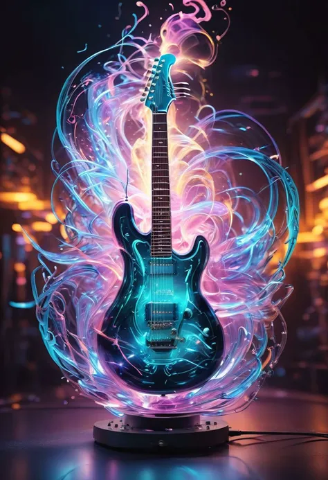 Transparent glass electric guitar, fluorescent blue neon cables inside
dynamic action motion capture, colorful, luminism, bioluminescence, studio lighting, hyper detailed, (masterpiece, best quality:1.4), shallow depth of field detailed background, (ultra realistic:1.2), , 4khigh-detailed, 8k, Aura, Glow,Artnthrmg