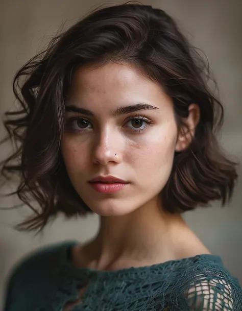 A close up portrait of 22 years old (Quebecoise | Hapa:0.5 | Colombian | Argentinian | Cuban | Mexican | Russian | Latvian | Hungarian | Ukrainian) woman looking at camera, slim body, dark theme, soothing tones, muted colors, high contrast, (natural skin texture, hyperrealism, soft light, sharp), freckles, (acne:0.6), ultra detailed texture French haute couture corporate outfit, Cannon EOS 5D Mark III, 85mm