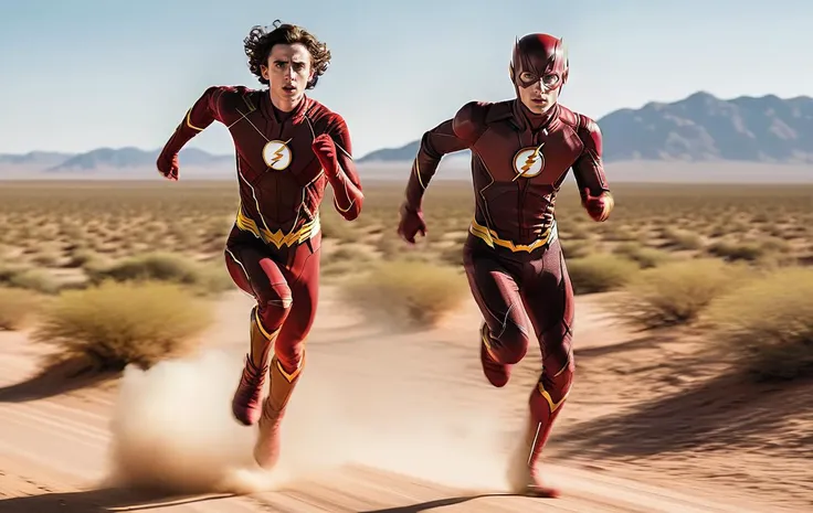achtion sequence full body photo (timothée chalamet) dressed as the flash runnig in super high speed in the desert, <lora:Perfect Hands:0.8> Perfect Hands