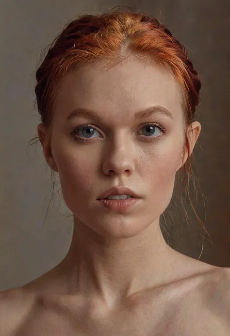 (8k, RAW photo, highest quality),(epic realistic:1.5), a girl, dynamic posture,erotic face,shirt,(detailed eyes:0.8), (highest quality), (best shadow),intricate details,cinematic,((skin:1.4)),interior, (long ponytail ginger hair:1.3),dark studio,(hdr:1.5),detailed, muted colors, freckles, (bright lighting: 0.7), masterpiece, RAW photo (pale 20-year-old woman, looking down at the viewer), cute, (undressed, disheveled, with curly ginger matted hair), full-length portrait, perfect face, captivating eyes, bright details, pouting lips, (high skin detail), freckles, medium breasts, hard nipples, NSFW (tint: 0.6), (dirty: 0.8), Key lighting, (backlight: 0.5), f/4 aperture, (ultra-detailed, complex detail), 8k, absurd, 8mm film grain,flirting with camera
