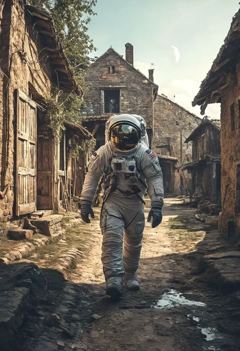 photo of astronaut walking in a old village in the background