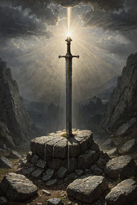 A sword deep stuck in a stone, god rays, (landscape:0.1),
darkshot,Claude Joseph Vernet, nicola samori,
<lora:ClassipeintXL2.0:0.5> <lora:NicolaSamori_2:0.5> ,best quality, high resolution, extreme detail, outstanding composition, masterpiece,