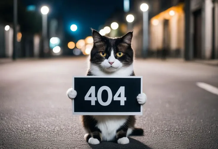 A sad cat on a street, holding a sign saying "404", background is empty street, no people around, shot at night
