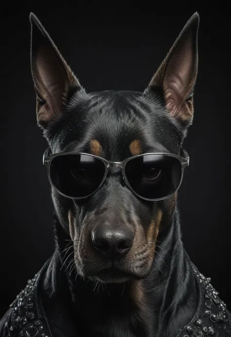 (best quality, 8K, high resolution, masterpiece), ultra detailed, (3D CGI), black sunglasses, trendy, fashionable, silver and black stylized angry muscle doberman on a black background, countryside advertising, winning photo,