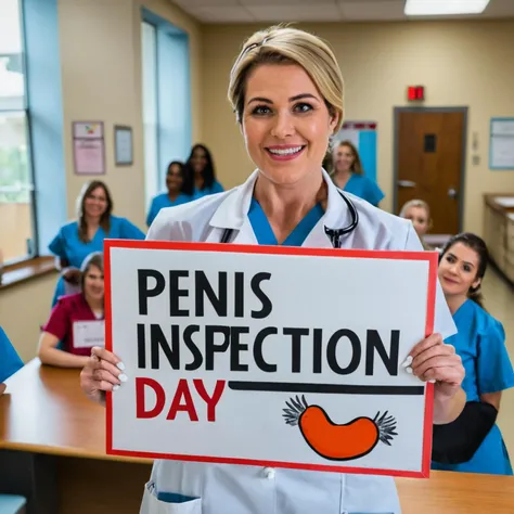 beautiful school nurse holding a sign saying "penis inspection day", crowded nurse's office <lora:BetterTextRedmond:1>
