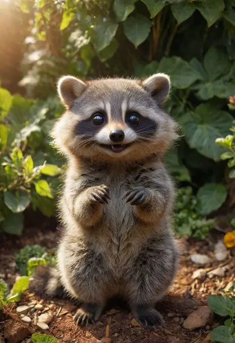 amazing quality, masterpiece, best quality, hyper detailed, ultra detailed, UHD, perfect anatomy, portrait, dof, hyper-realism, majestic, awesome, inspiring, Expressiveh, realistic, beautiful eyes, , high quality, 4K, absurd resolution, incredibly detailed, masterpiece, sharp, raccoon, beautiful expressive cute face, garden, eating fruit, extremely detailed, beautiful desert cute raccon creature, smile, happy, no humans, extremely detailed scales, beautiful eyes, sunlight, realistic, high quality, detailed, beautiful garden, shadows, glowing, bright colors, high contrast, vivid lighting, cinematic composition, soft shadows, national geographic style