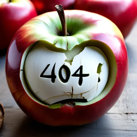 "4 0 4" carved on an apple, closeup, ideal text