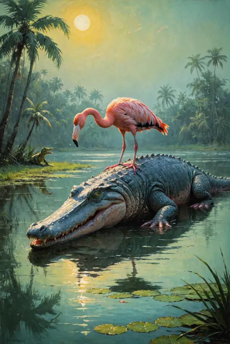 flamingo and (The big alligator), 
classic oil painting art, in the style of an Jeremy Mann,  ivan aivazovsky,
<lora:ClassipeintXL1.9:0.2>, (best quality, high resolution, extreme detail, outstanding composition, masterpiece:1.4),