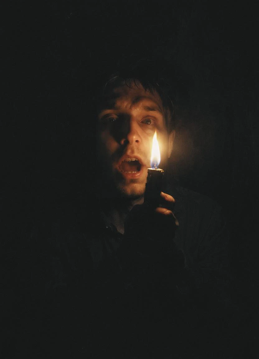 horror, shines a lighter on himself from below, Face lighting from below, bottom view, lighter in hands, 8k, <lora:- SDXL - vant_blk_contrast_V2.0:0.7> <lora:Desolation:0.5>