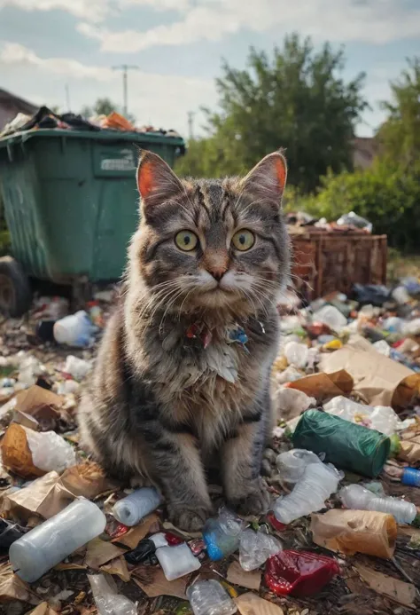amazing quality, masterpiece, best quality, hyper detailed, ultra detailed, UHD, perfect anatomy, portrait, dof, hyper-realism, majestic, awesome, inspiring, Captured in the cctv, a homeless cat eating from trash bucket and got eye injured by broken glass, gore, gore cat eye, blood eye, eye injured, a stark reality unfolds as the trash it calls its home is full by broken glass, trash and debris. This poignant image serves as a stark reminder of the urgent need to protect our trashes and preserve the delicate ecosystems they support. #ProtectCats, cinematic composition, soft shadows, national geographic style