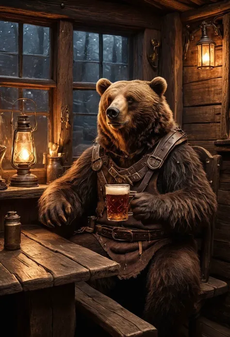 fantasy anthropomorphic a brown bear warrior in dark tavern holding a pint of ale in a cozy environment with gas lamps rustic wood warm brick fireplace and frosted glass windows
