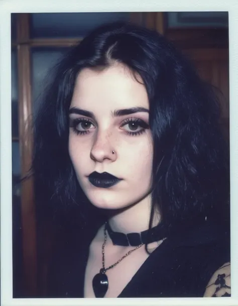 (indistinguishable from reality:1.4), 1girl, A beautiful big tiddy goth gf, 1987, polaroid, grainy, (detailed facial features), (freckles:0.6), (acne:0.3)