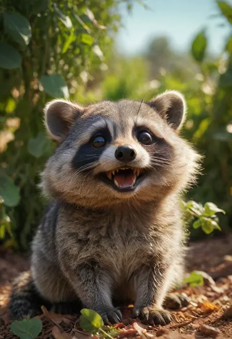 amazing quality, masterpiece, best quality, hyper detailed, ultra detailed, UHD, perfect anatomy, portrait, dof, hyper-realism, majestic, awesome, inspiring,  Expressiveh, realistic, beautiful eyes, , high quality, 4K, absurd resolution, incredibly detailed, masterpiece, sharp, raccoon, beautiful expressive cute face, garden, eating fruit, extremely detailed, beautiful desert cute raccon creature, smile, happy, no humans, extremely detailed scales, beautiful eyes, sunlight, realistic, high quality, detailed, beautiful garden, shadows, glowing, bright colors, high contrast, vivid lighting, cinematic composition, soft shadows, national geographic style