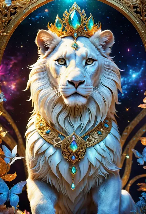 A small and cute white lion spawns an adorable non-human celestial animal in the celestial and fantasy style. the animal is supposed to be the most beautiful animal ever created. Consider details such as soft, feathers, silk, satin, shimmer and shimmer. Include subtle details of ghostly iridescence. emphasize small fancy details and ornate jewelry. Camera: Use interesting and dynamic composition. increase visual interest. lighting: use ambient lighting that enhances the atmosphere of the fantasy. include bright colors and deep shadows. hires, detailed eyes, hires detailed eyes, hires small details, elaborate details, ornate, 8k, shimmer, unity, official cgi unreal engine, high resolution, (((masterpiece))), high quality, high resolution, detail enhancement, (bright and light-eyed),
