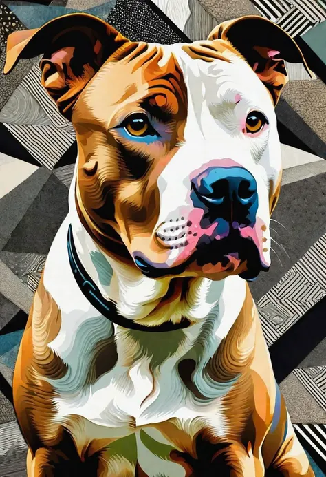 Canine dog (pitbull), detailed background, mixed media collage, abstract,geometric,fine lines,duotone,expressive,patchwork,